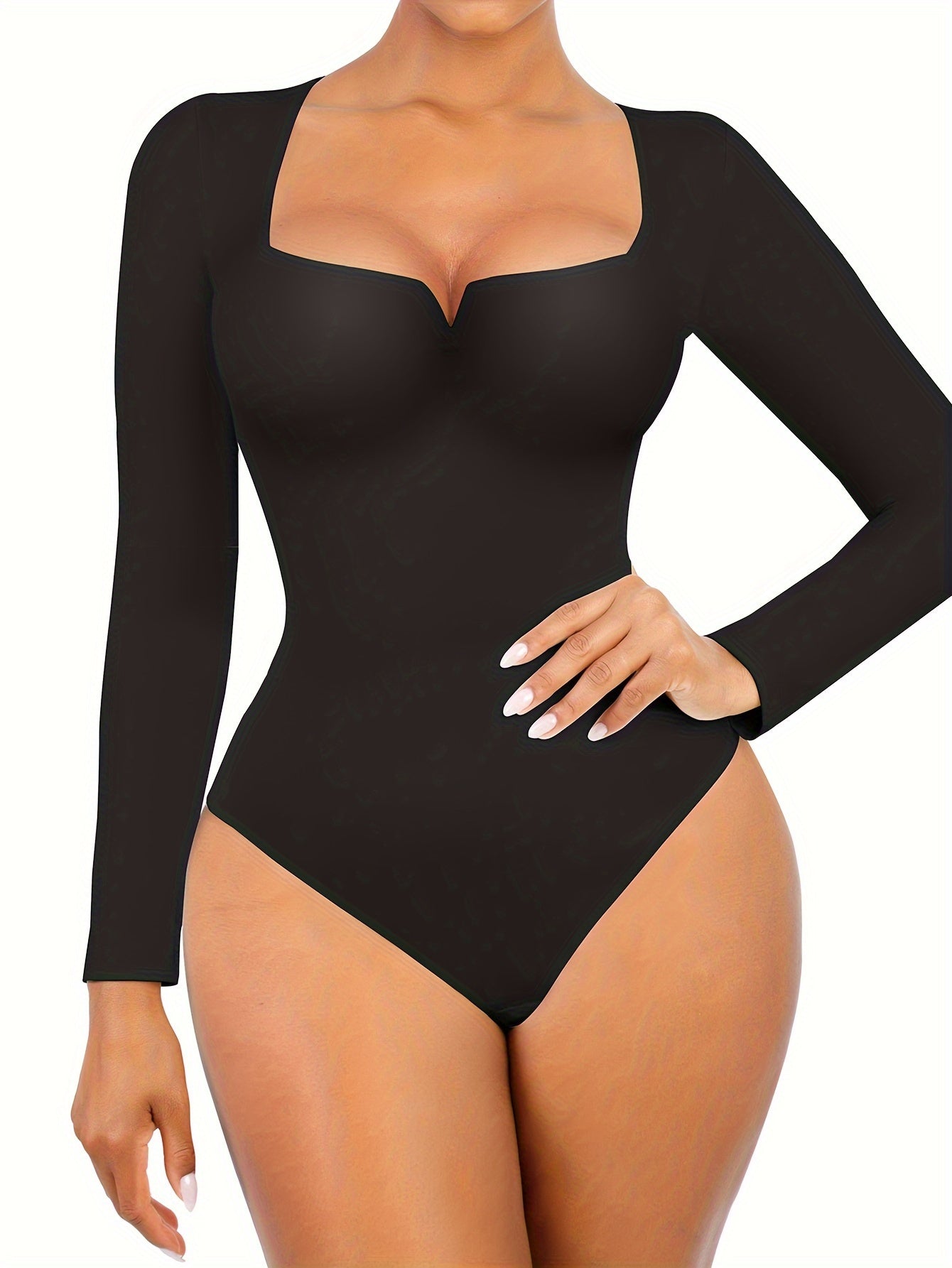 Women's Solid Color Shapewear Bodysuit - Crew Neck Long Sleeve detail view