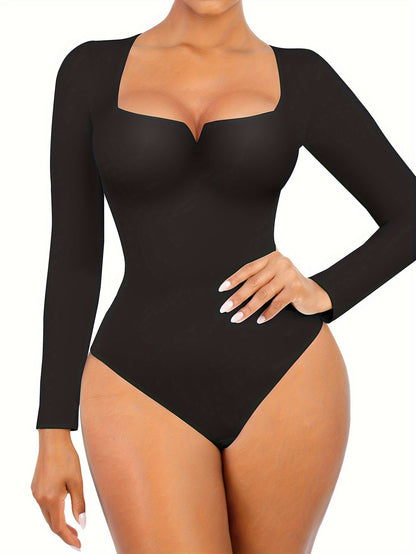 Women's Solid Color Shapewear Bodysuit - Crew Neck Long Sleeve detail view