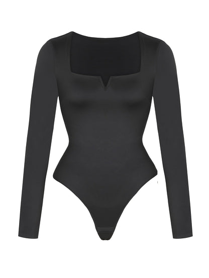 Women's Solid Color Shapewear Bodysuit - Crew Neck Long Sleeve detail view