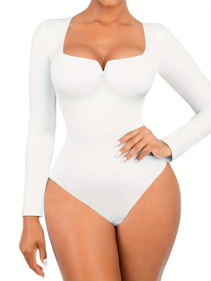 Women's Solid Color Shapewear Bodysuit - Crew Neck Long Sleeve detail view