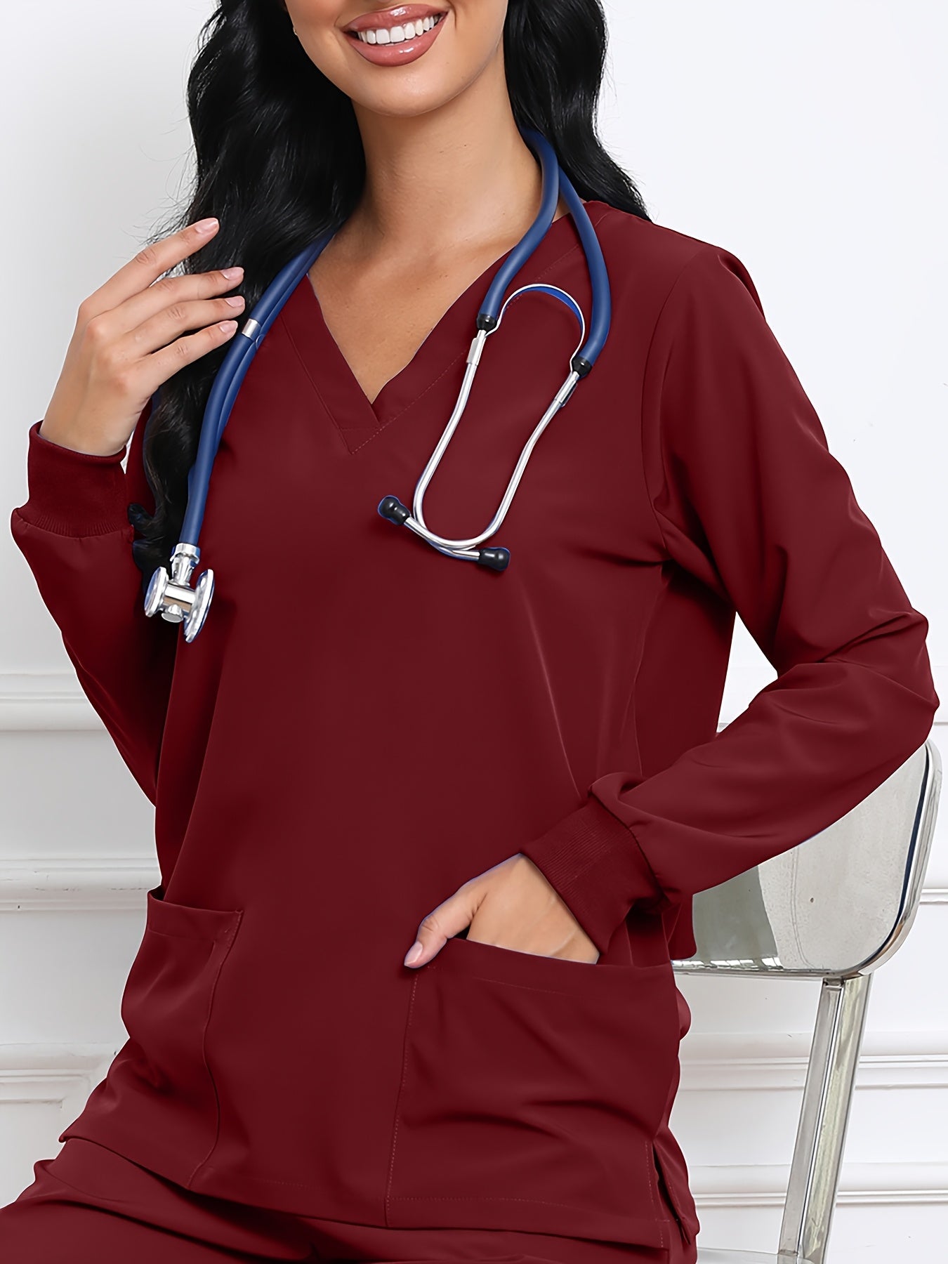 Women's Solid Color Shirt - Long Sleeve – Peacock Blue / Black detail view