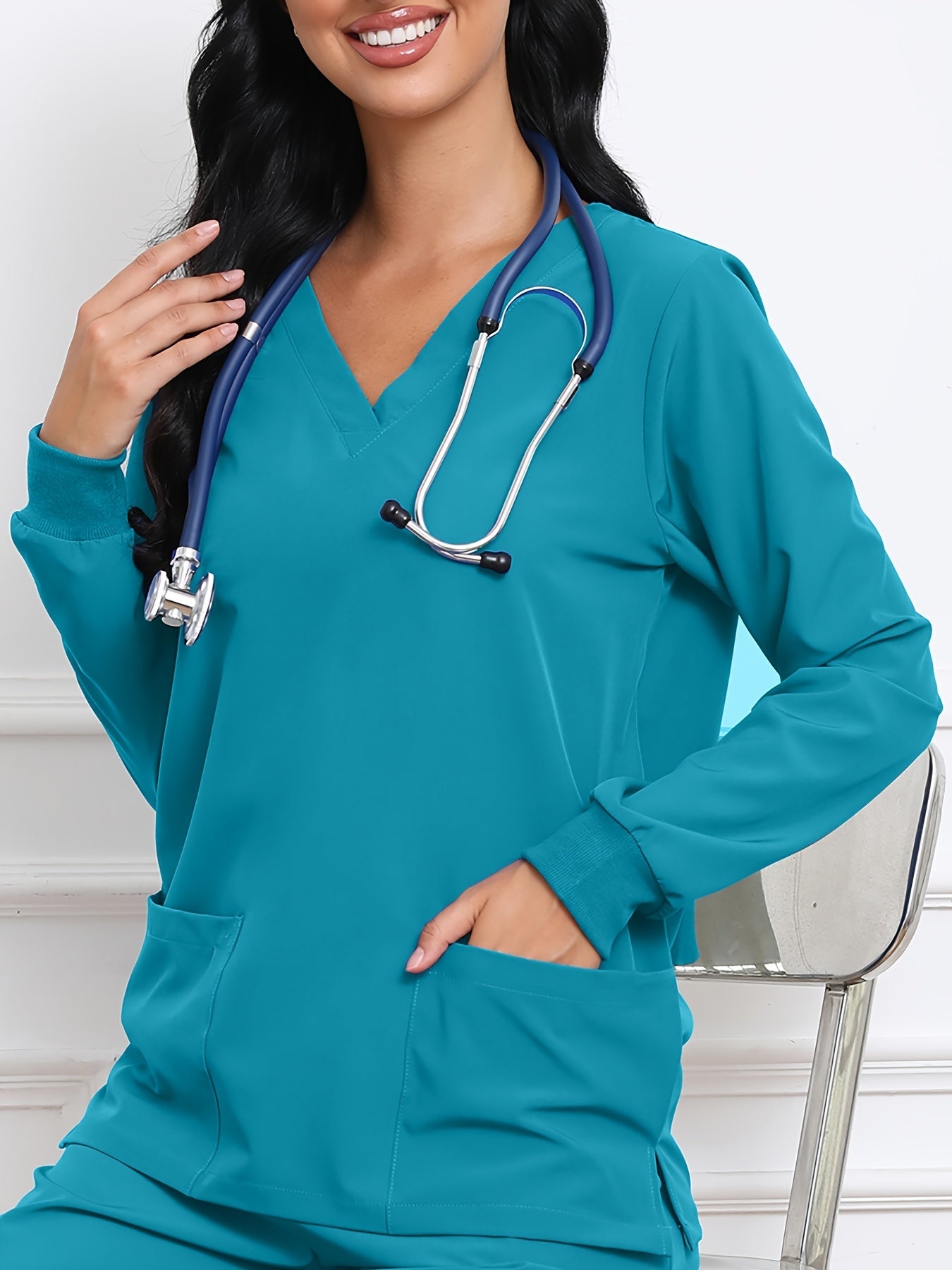 Women's Solid Color Shirt - Long Sleeve – Peacock Blue / Black – Blue option – view 2