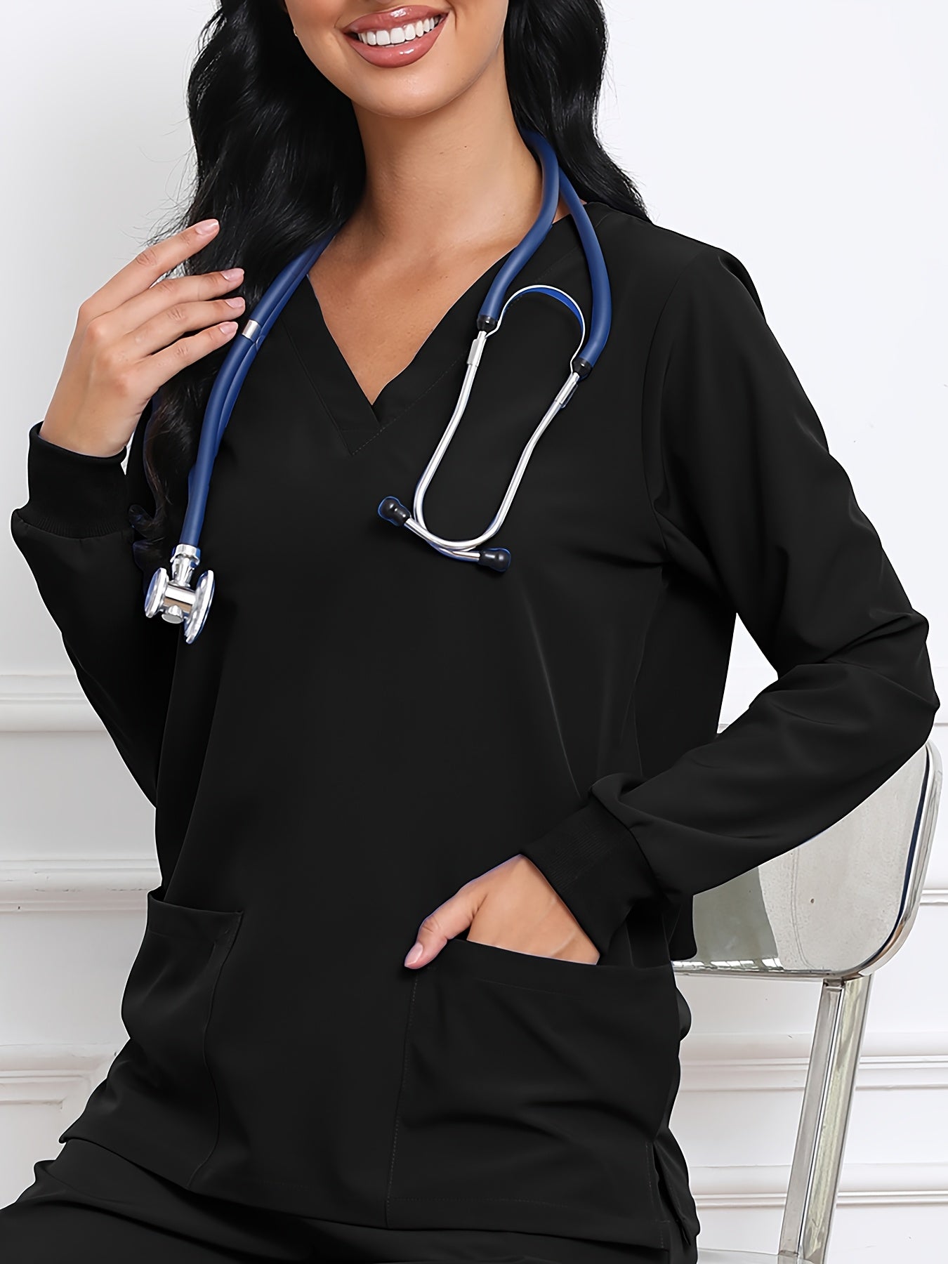 Women's Solid Color Shirt - Long Sleeve – Peacock Blue / Black – Blue option – view 3