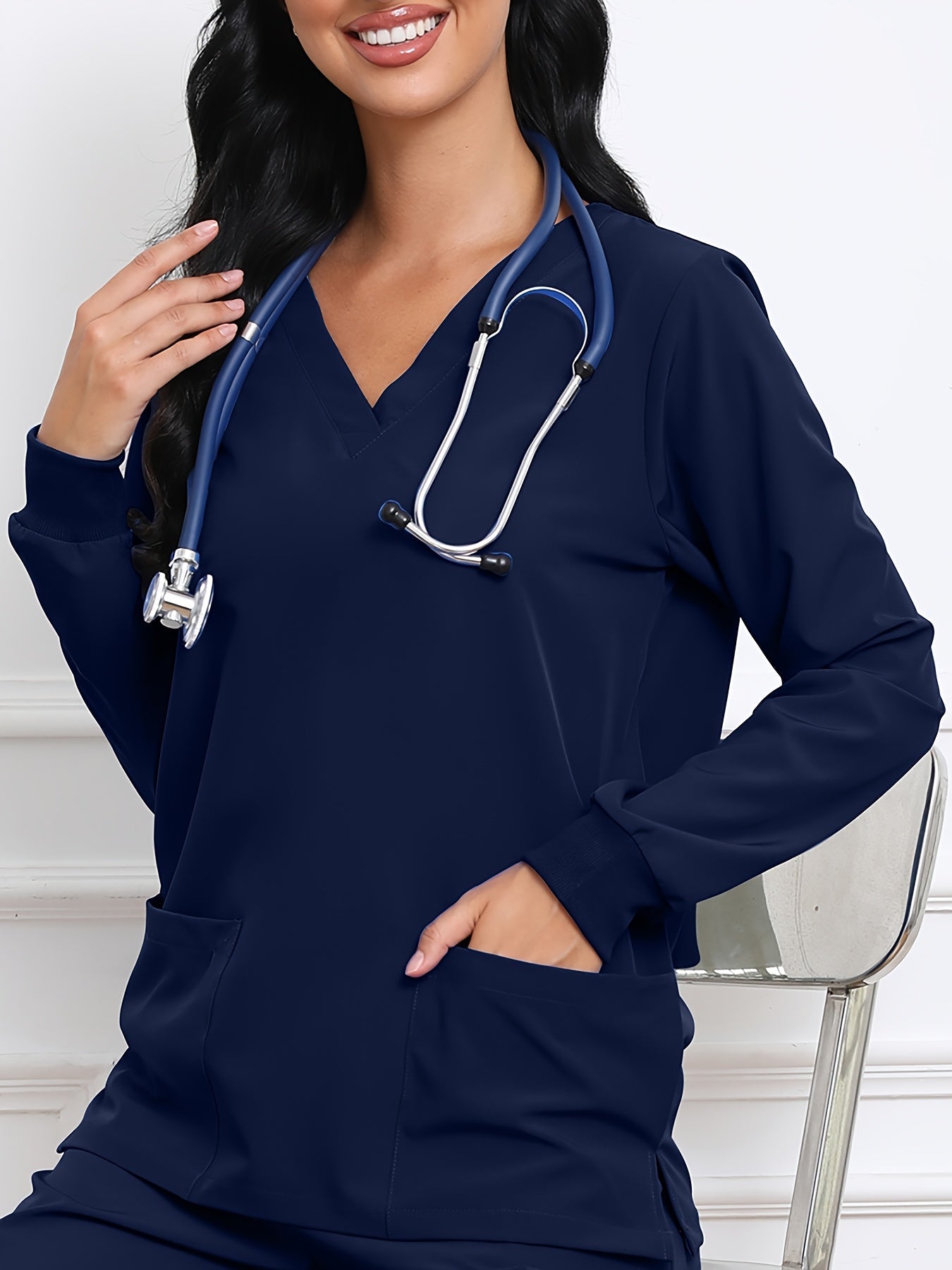 Women's Solid Color Shirt - Long Sleeve – Peacock Blue / Black – Blue option – view 9