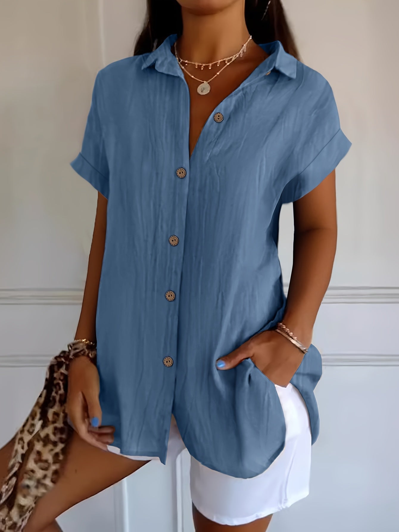 Women's Solid Color Shirt - Short Sleeve – Royal Blue detail view