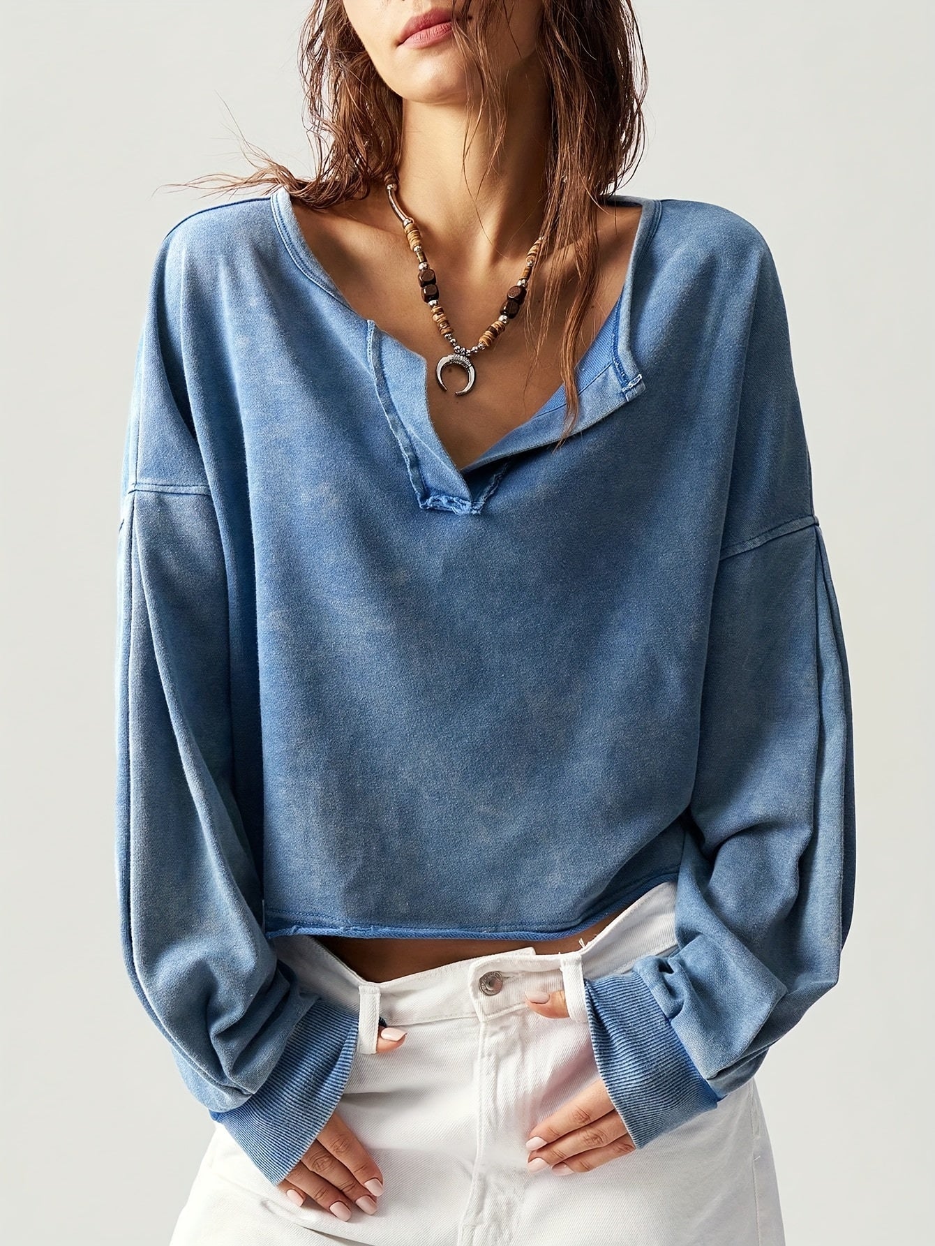 Women's Solid Color Sweatshirt - V-Neck Long Sleeve – main product image