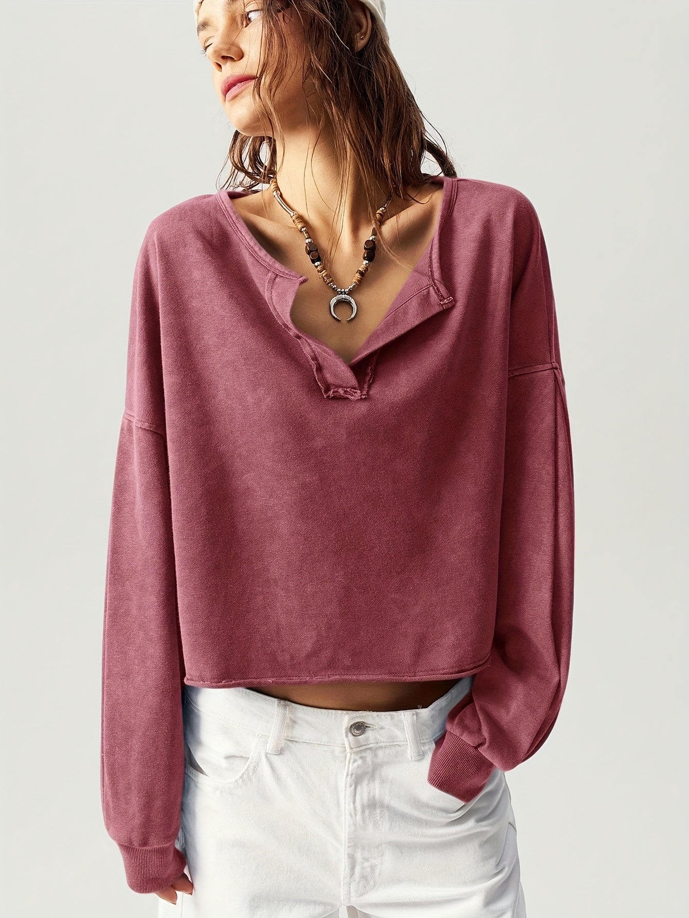 Women's Solid Color Sweatshirt - V-Neck Long Sleeve – view 2