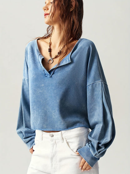 Women's Solid Color Sweatshirt - V-Neck Long Sleeve detail view