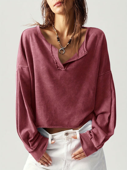 Women's Solid Color Sweatshirt - V-Neck Long Sleeve detail view