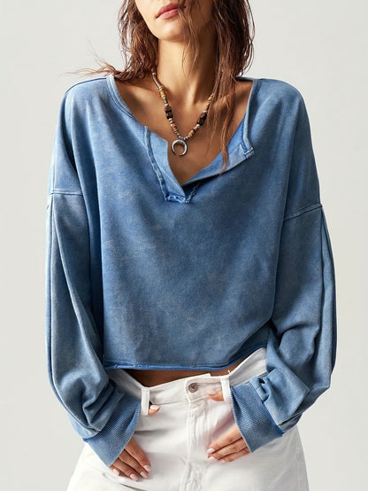 Women's Solid Color Sweatshirt - V-Neck Long Sleeve detail view
