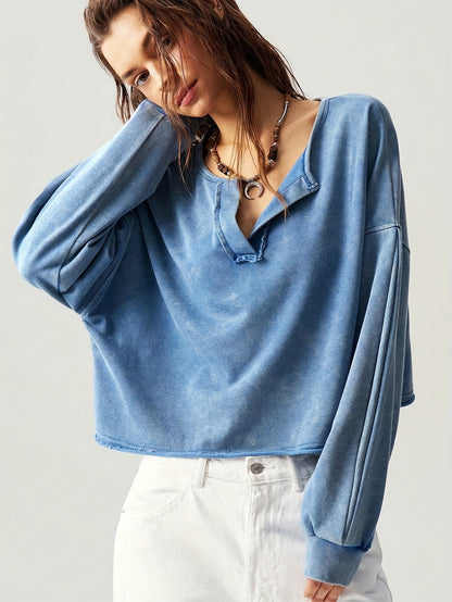 Women's Solid Color Sweatshirt - V-Neck Long Sleeve detail view