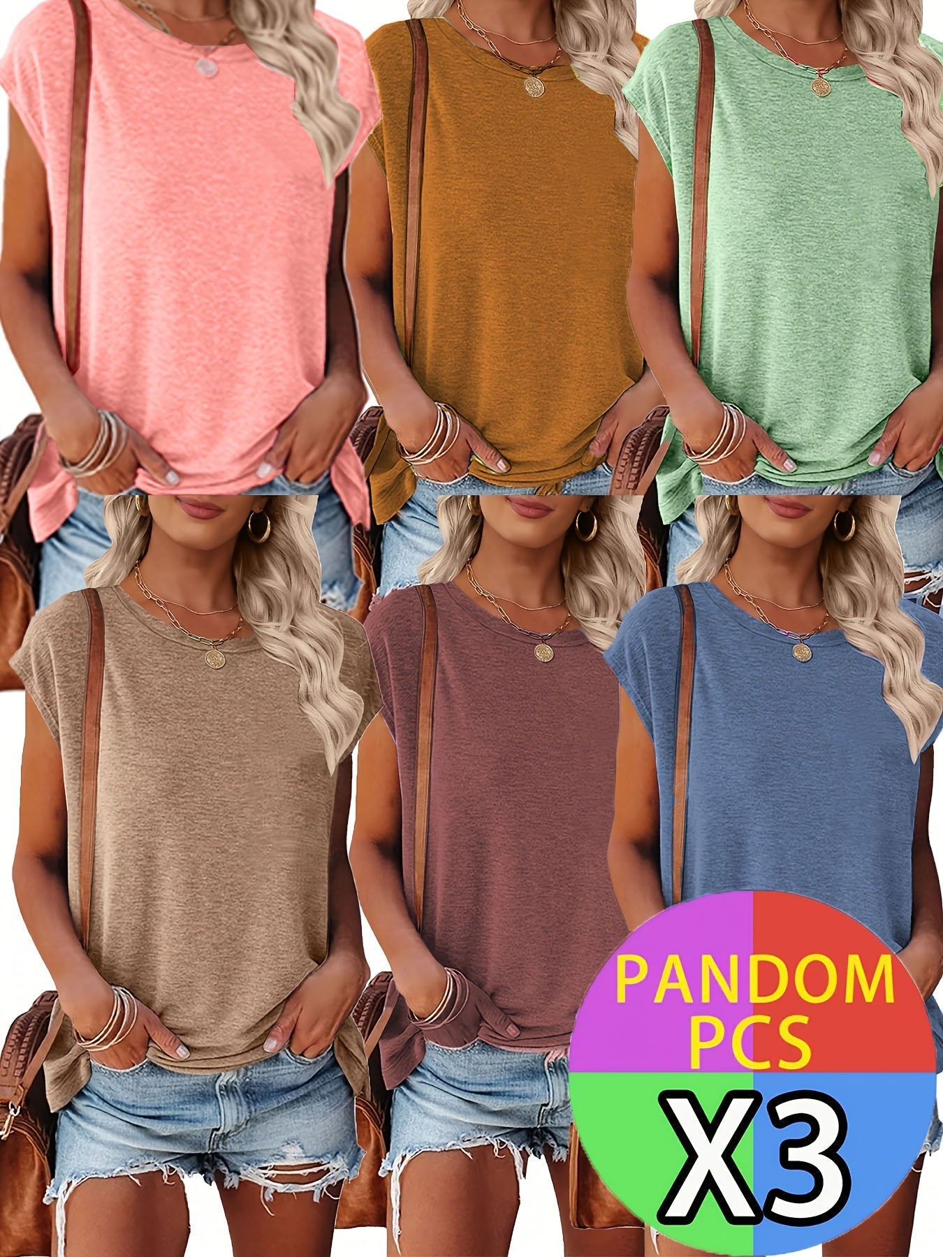 Women's Solid Color T-Shirt - 3-Pack Crew Neck Short Sleeve Black Blue Design – Black option – main product image