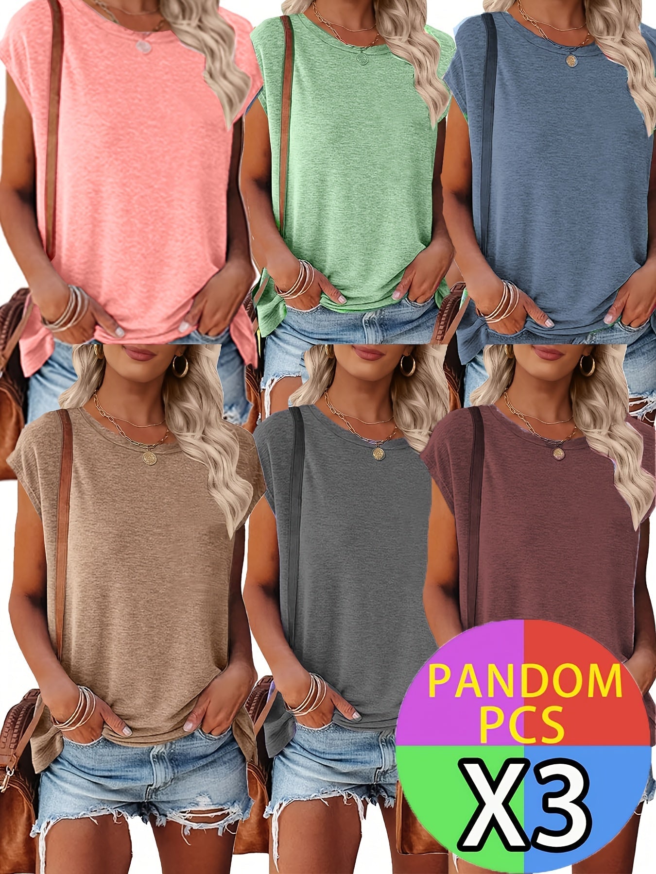 Women's Solid Color T-Shirt - 3-Pack Crew Neck Short Sleeve Black Blue Design detail view