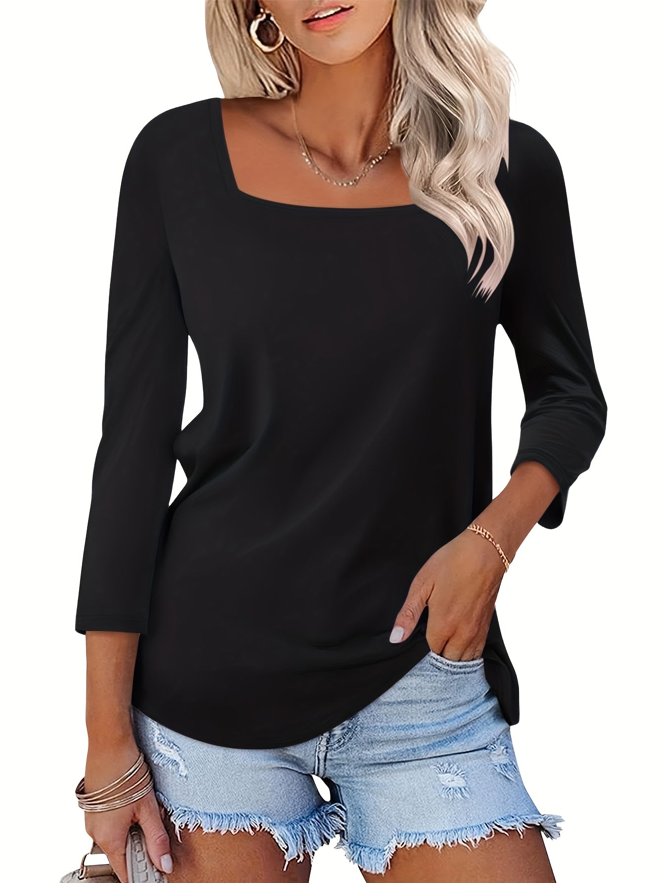 Women's Solid Color T-Shirt - 3-Pack Square Neck Three-Quarter Sleeve detail view