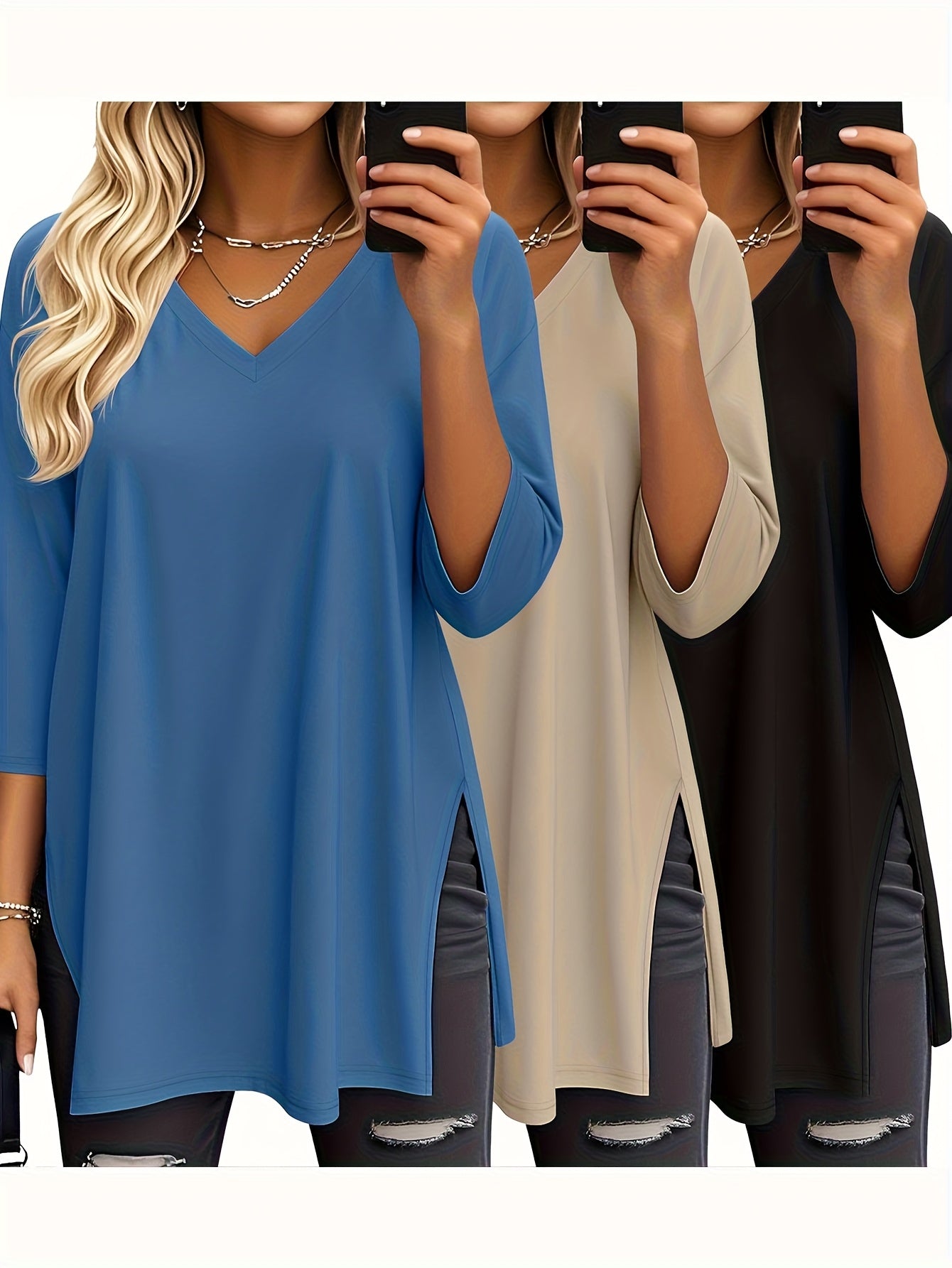Women's Solid Color T-Shirt - 3-Pack V-Neck Three-Quarter Sleeve – main product image