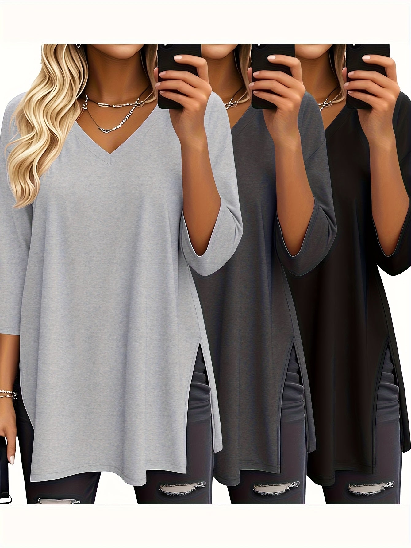 Women's Solid Color T-Shirt - 3-Pack V-Neck Three-Quarter Sleeve detail view