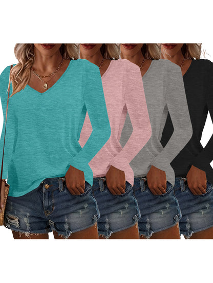 Women's Solid Color T-Shirt - 4-Pack V-Neck Long Sleeve detail view
