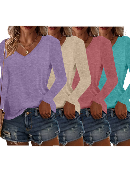 Women's Solid Color T-Shirt - 4-Pack V-Neck Long Sleeve detail view