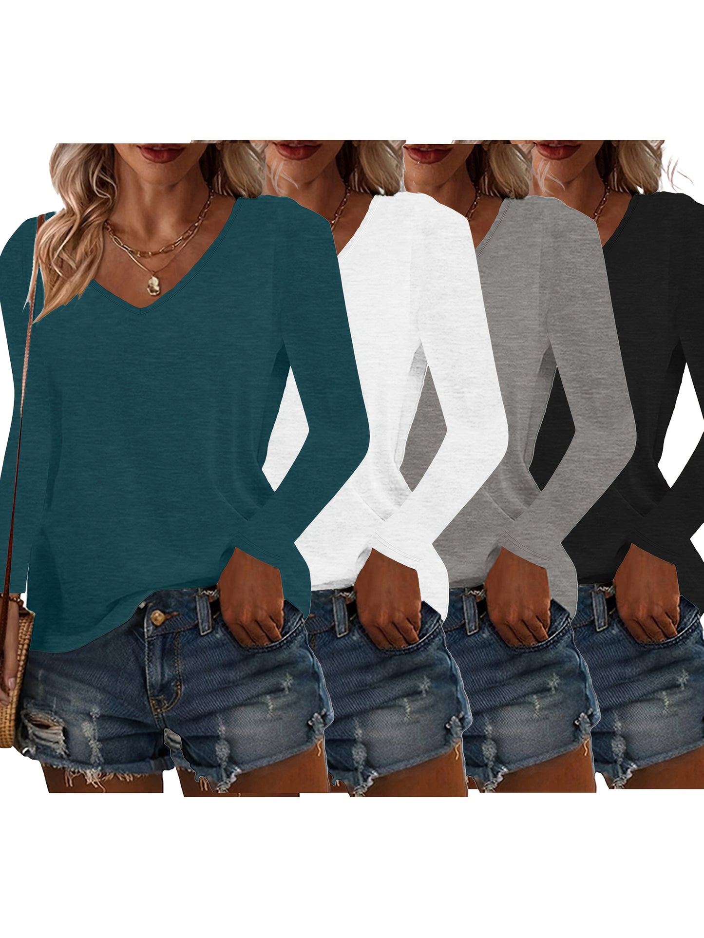 Women's Solid Color T-Shirt - 4-Pack V-Neck Long Sleeve detail view