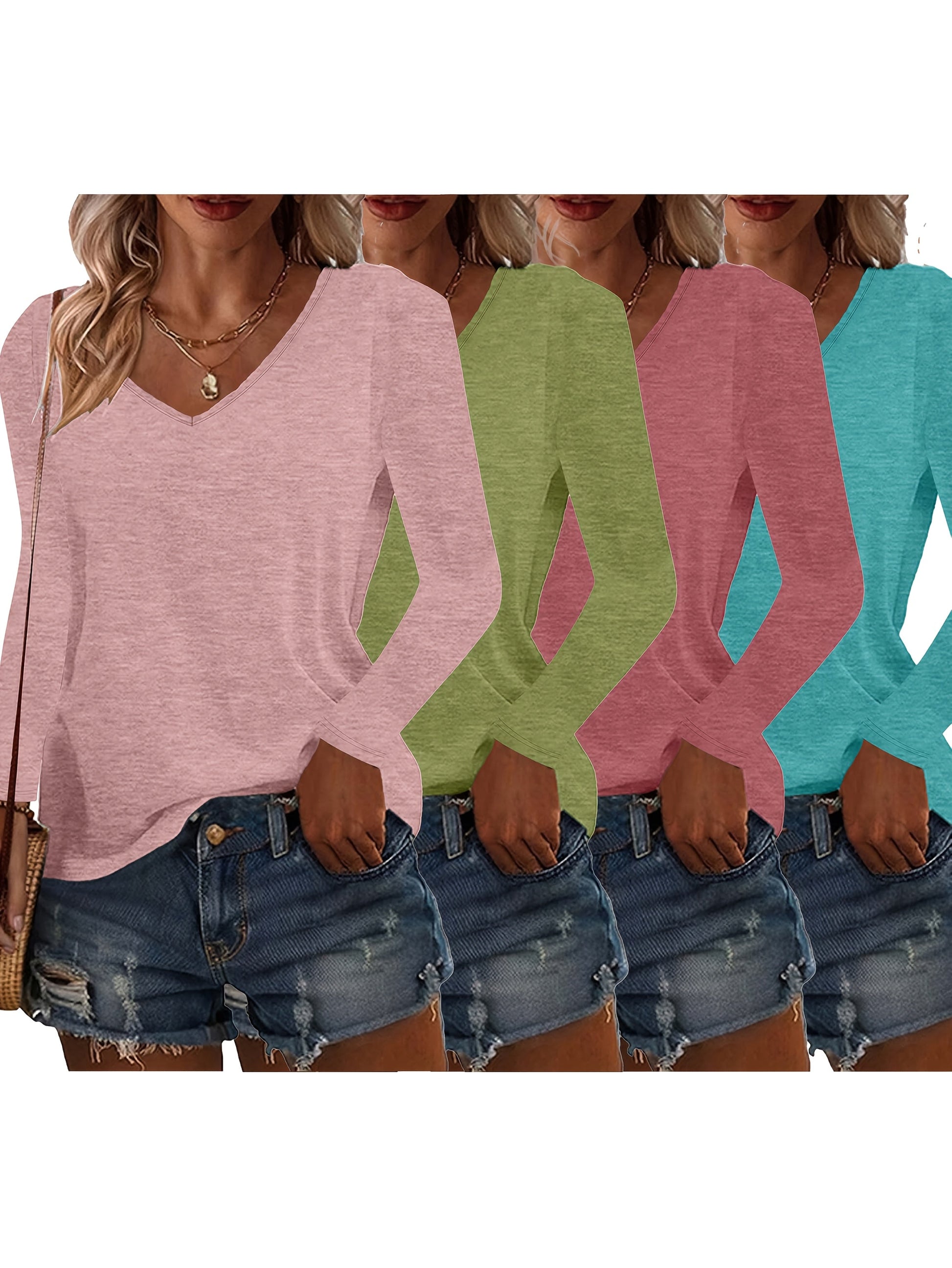 Women's Solid Color T-Shirt - 4-Pack V-Neck Long Sleeve detail view