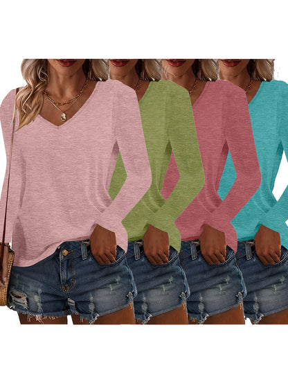 Women's Solid Color T-Shirt - 4-Pack V-Neck Long Sleeve – Purple option – view 2