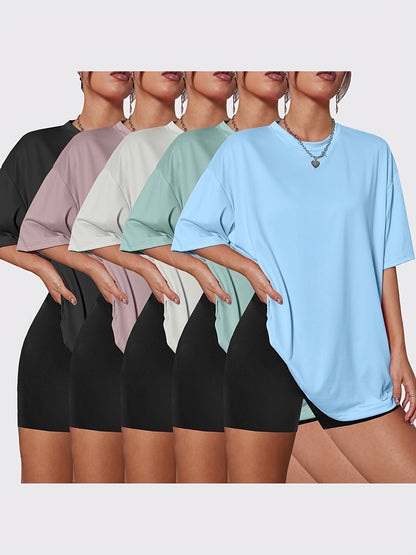 Women's Solid Color T-Shirt - 5-Pack Round Neck Short Sleeve detail view