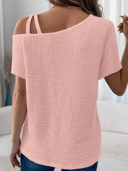 Women's Solid Color T-Shirt - Off-Shoulder Short Sleeve Waffle Texture detail view