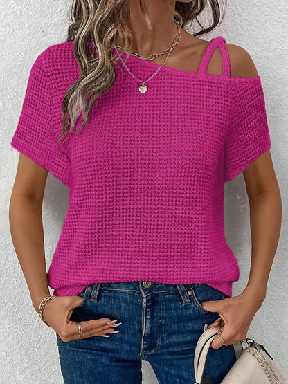 Women's Solid Color T-Shirt - Off-Shoulder Short Sleeve Waffle Texture detail view