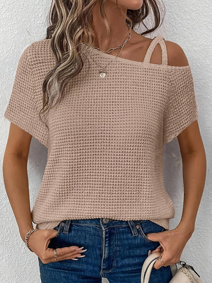 Women's Solid Color T-Shirt - Off-Shoulder Short Sleeve Waffle Texture detail view