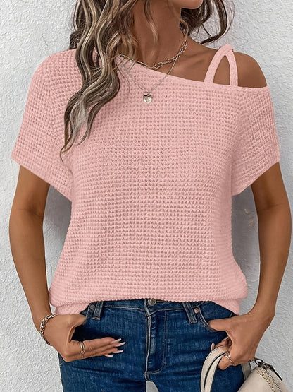 Women's Solid Color T-Shirt - Off-Shoulder Short Sleeve Waffle Texture detail view