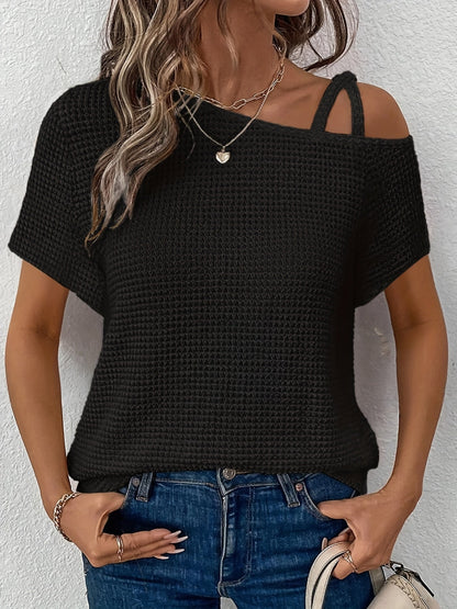 Women's Solid Color T-Shirt - Off-Shoulder Short Sleeve Waffle Texture detail view