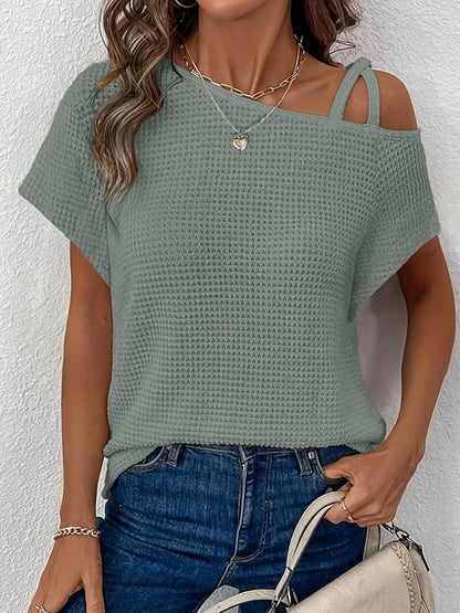 Women's Solid Color T-Shirt - Off-Shoulder Short Sleeve Waffle Texture detail view