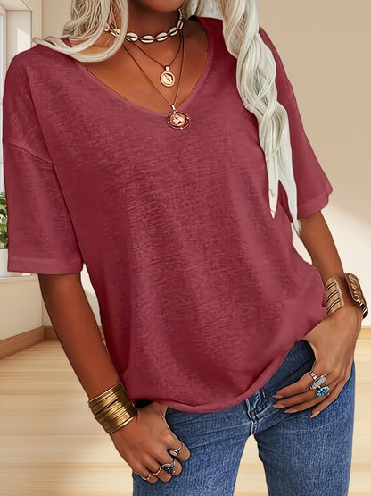 Women's Solid Color T-Shirt - Relaxed Fit – Grey / Fuchsia detail view