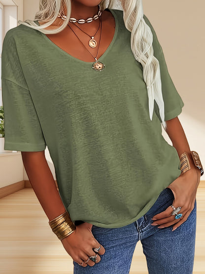 Women's Solid Color T-Shirt - Relaxed Fit – Grey / Fuchsia detail view