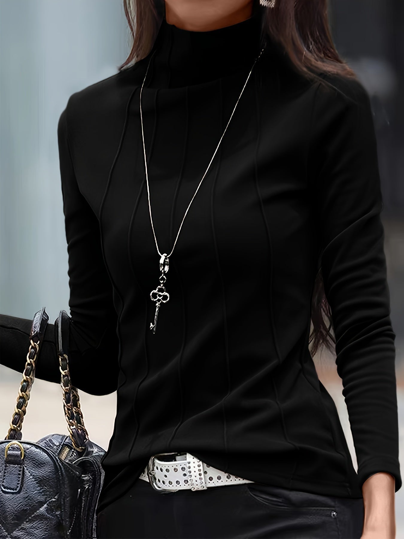 Women's Solid Color T-Shirt - Turtleneck Long Sleeve detail view