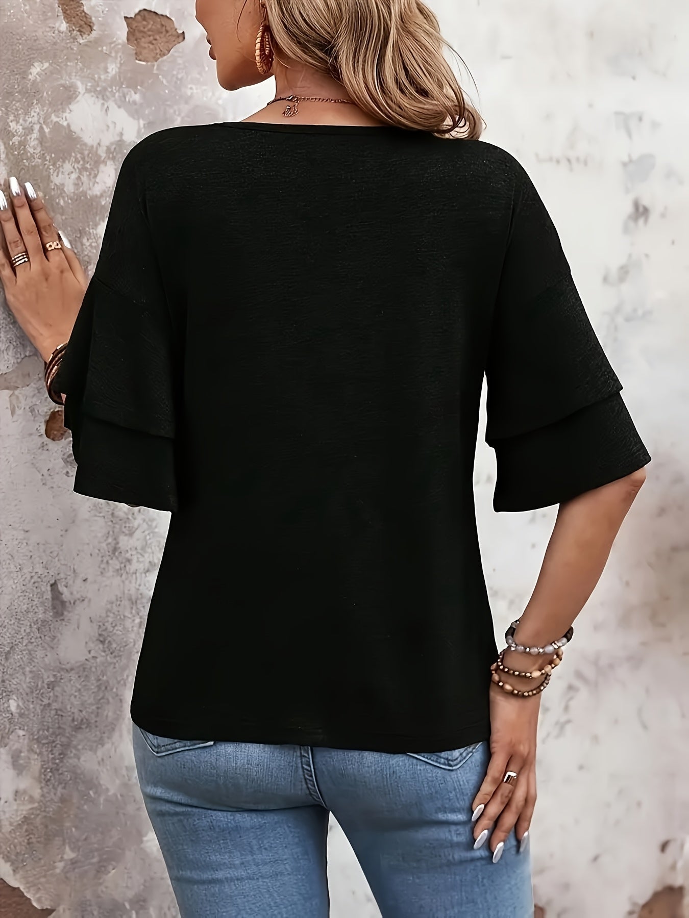 Women's Solid Color T-Shirt - V-Neck Short Sleeve Ruffle Sleeve detail view