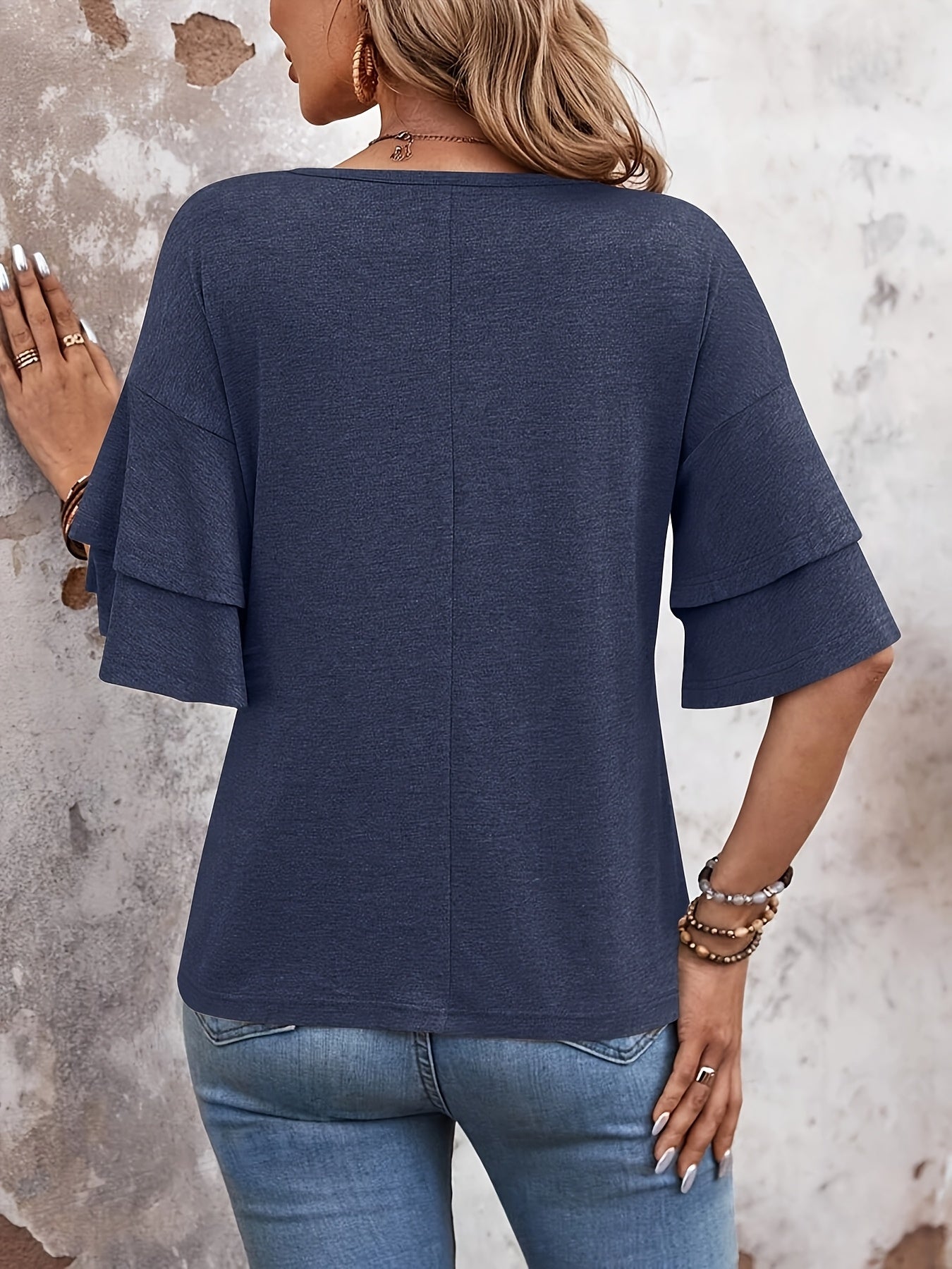 Women's Solid Color T-Shirt - V-Neck Short Sleeve Ruffle Sleeve detail view