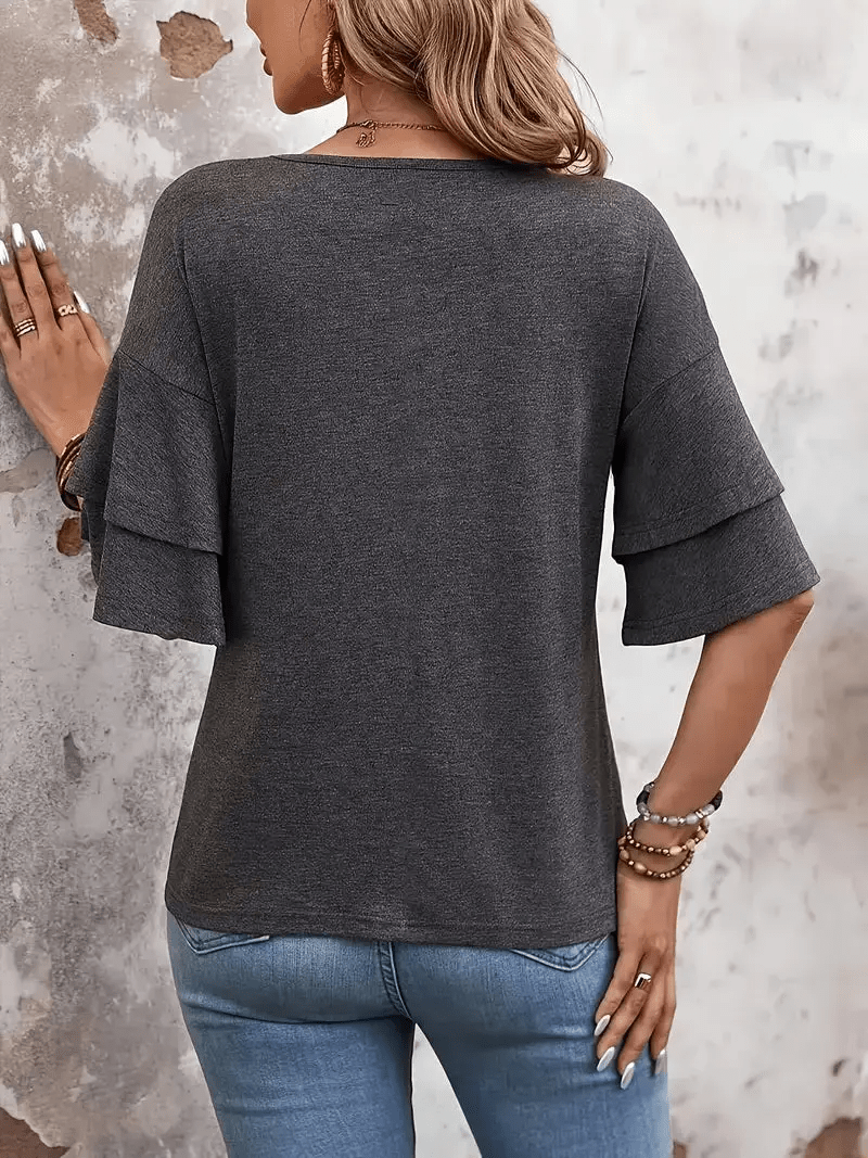 Women's Solid Color T-Shirt - V-Neck Short Sleeve Ruffle Sleeve Grey Design detail view