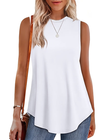 Women's Solid Color Tank Top - Crew Neck Sleeveless – Black / White detail view