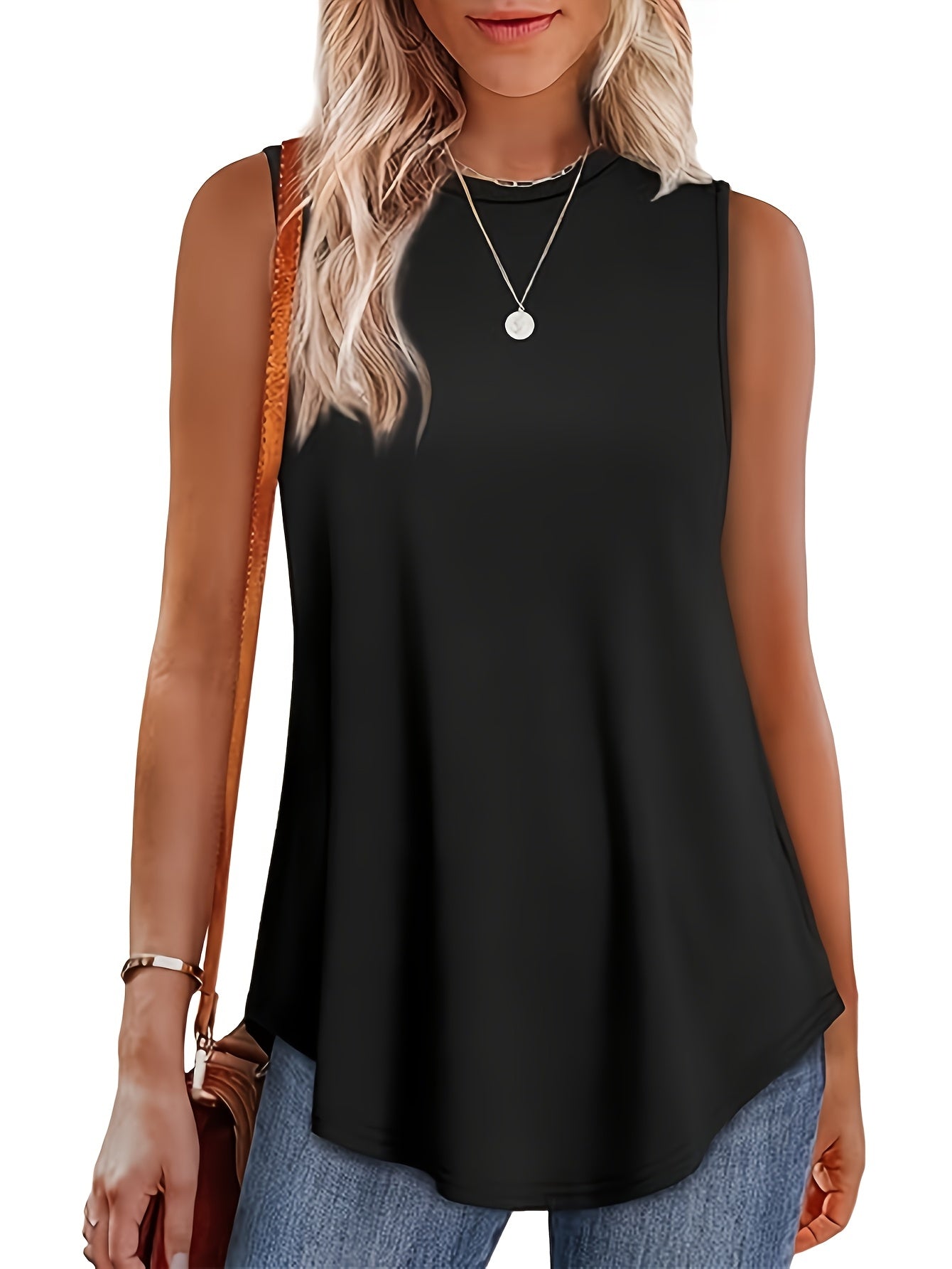 Women's Solid Color Tank Top - Crew Neck Sleeveless – Black / White – Black option – view 4