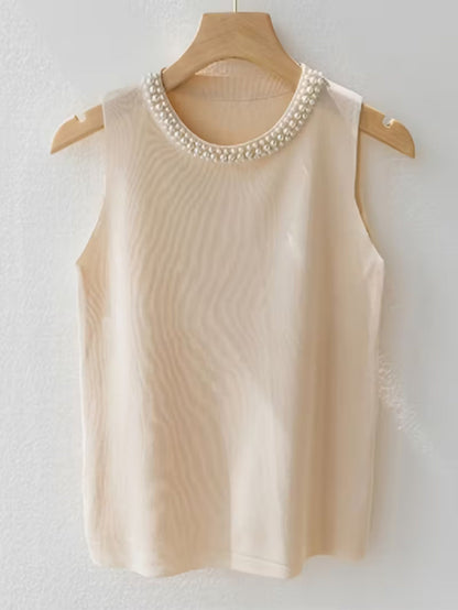 Women's Solid Color Tank Top - Crew Neck Sleeveless – White / Pink detail view