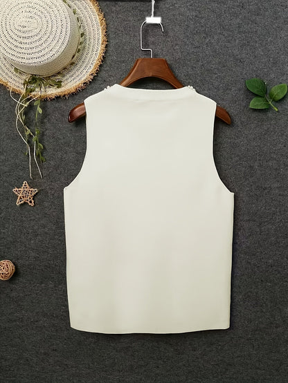 Women's Solid Color Tank Top - Crew Neck Sleeveless – White / Pink detail view