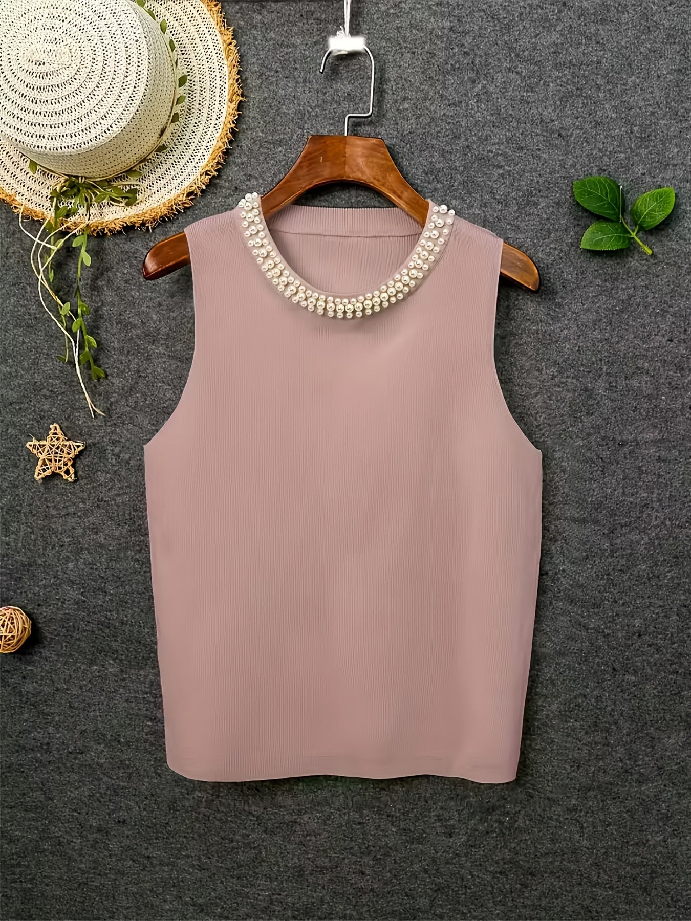 Women's Solid Color Tank Top - Crew Neck Sleeveless – White / Pink – view 12