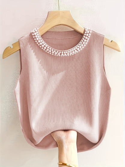 Women's Solid Color Tank Top - Crew Neck Sleeveless – White / Pink – White option – view 3