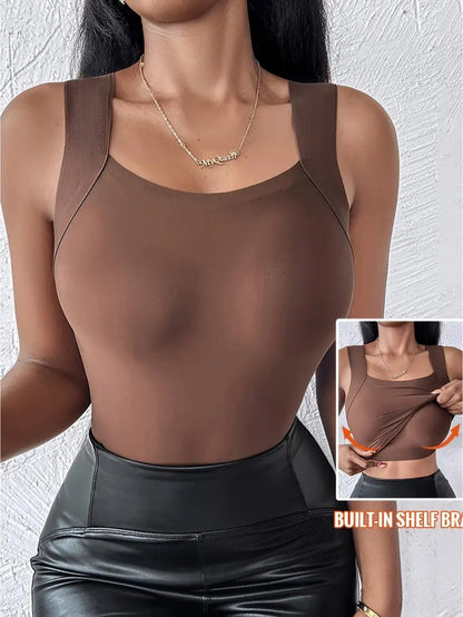 Women's Solid Color Tank Top - Sleeveless – Black+apricot+brown Slim-Fit – view 5