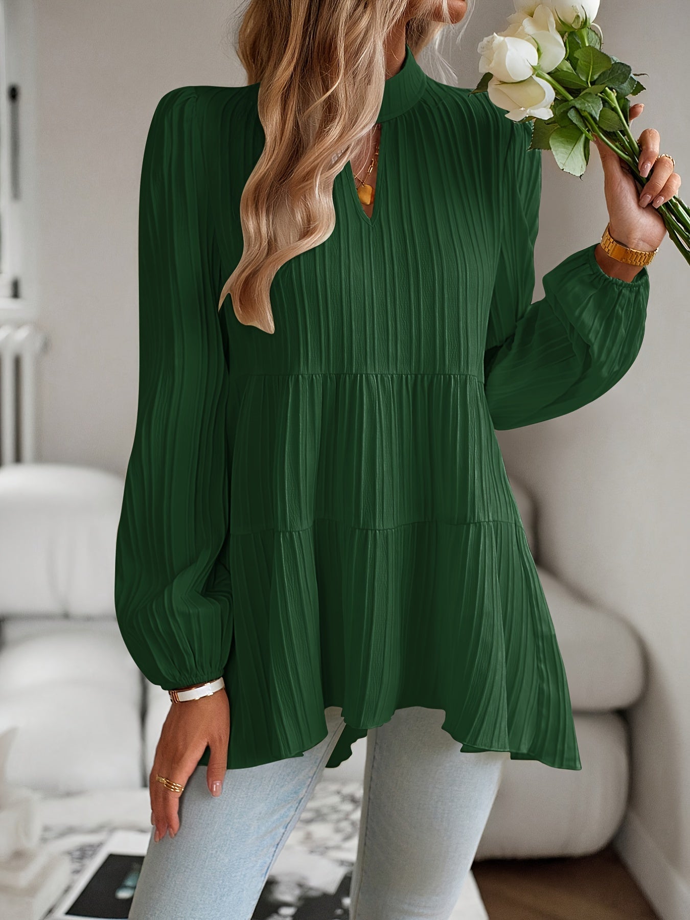 Women's Solid Color Tunic - Crew Neck Long Sleeve detail view