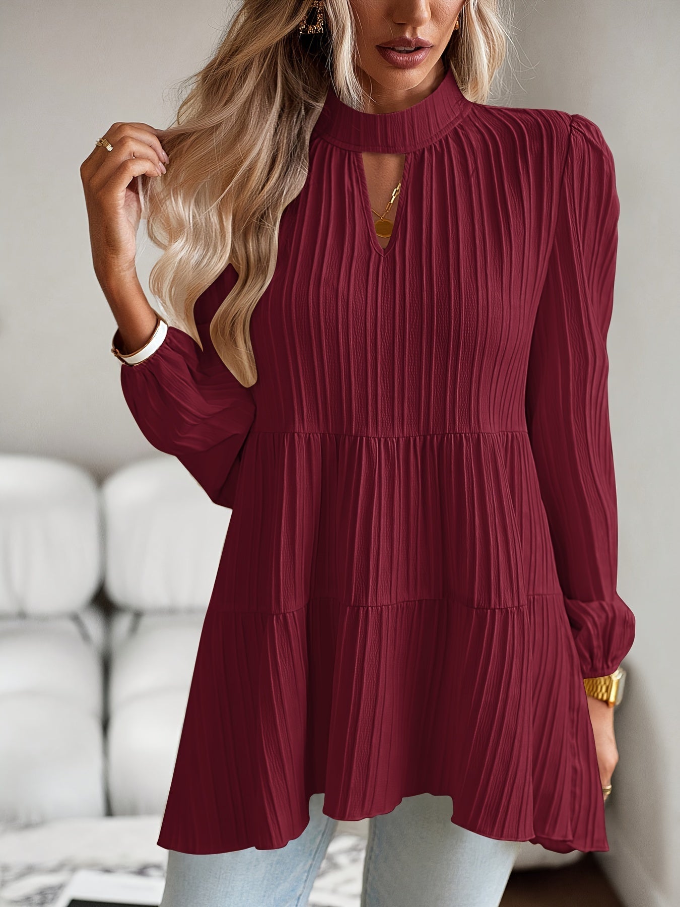 Women's Solid Color Tunic - Crew Neck Long Sleeve detail view