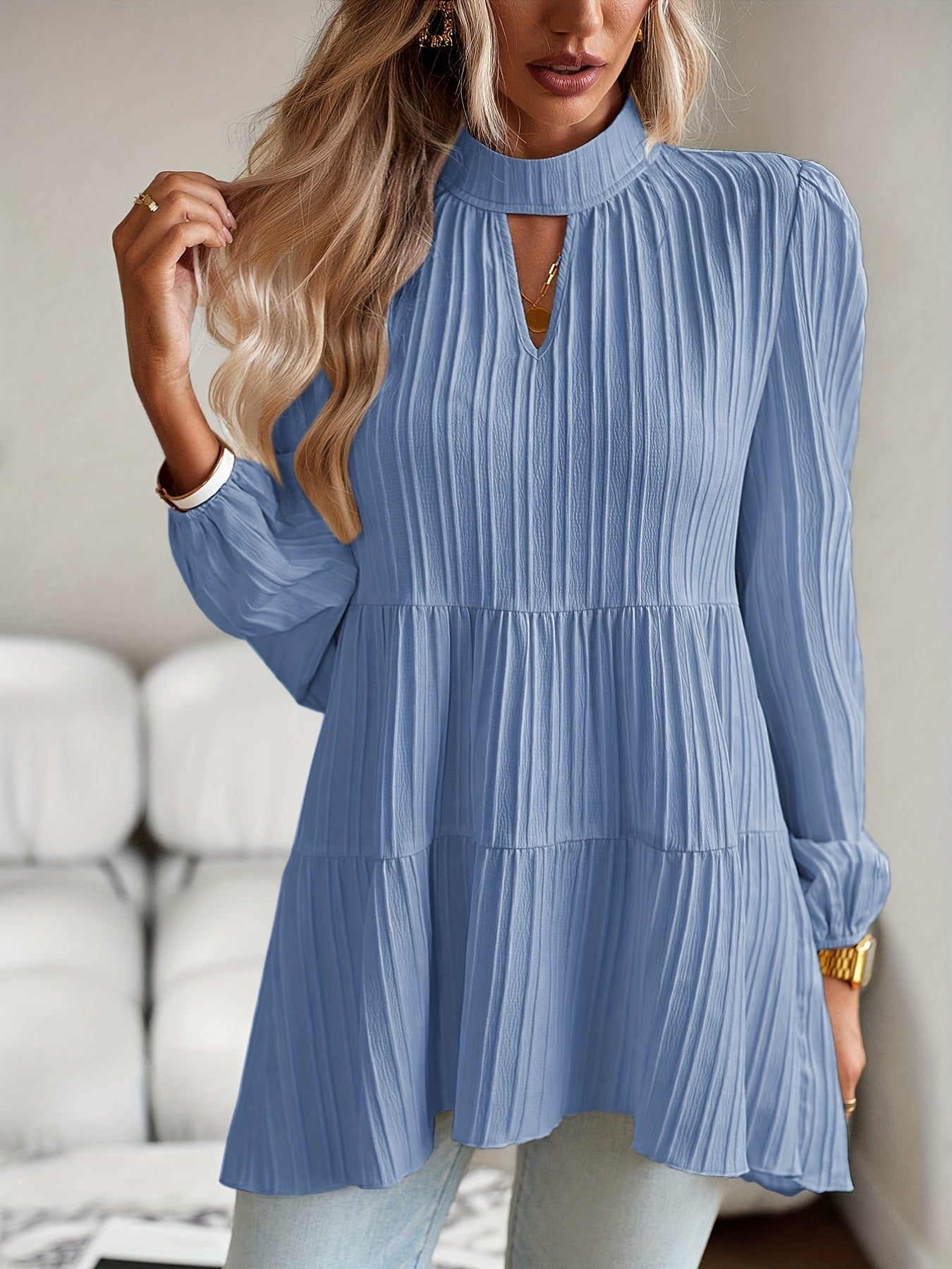 Women's Solid Color Tunic - Crew Neck Long Sleeve detail view