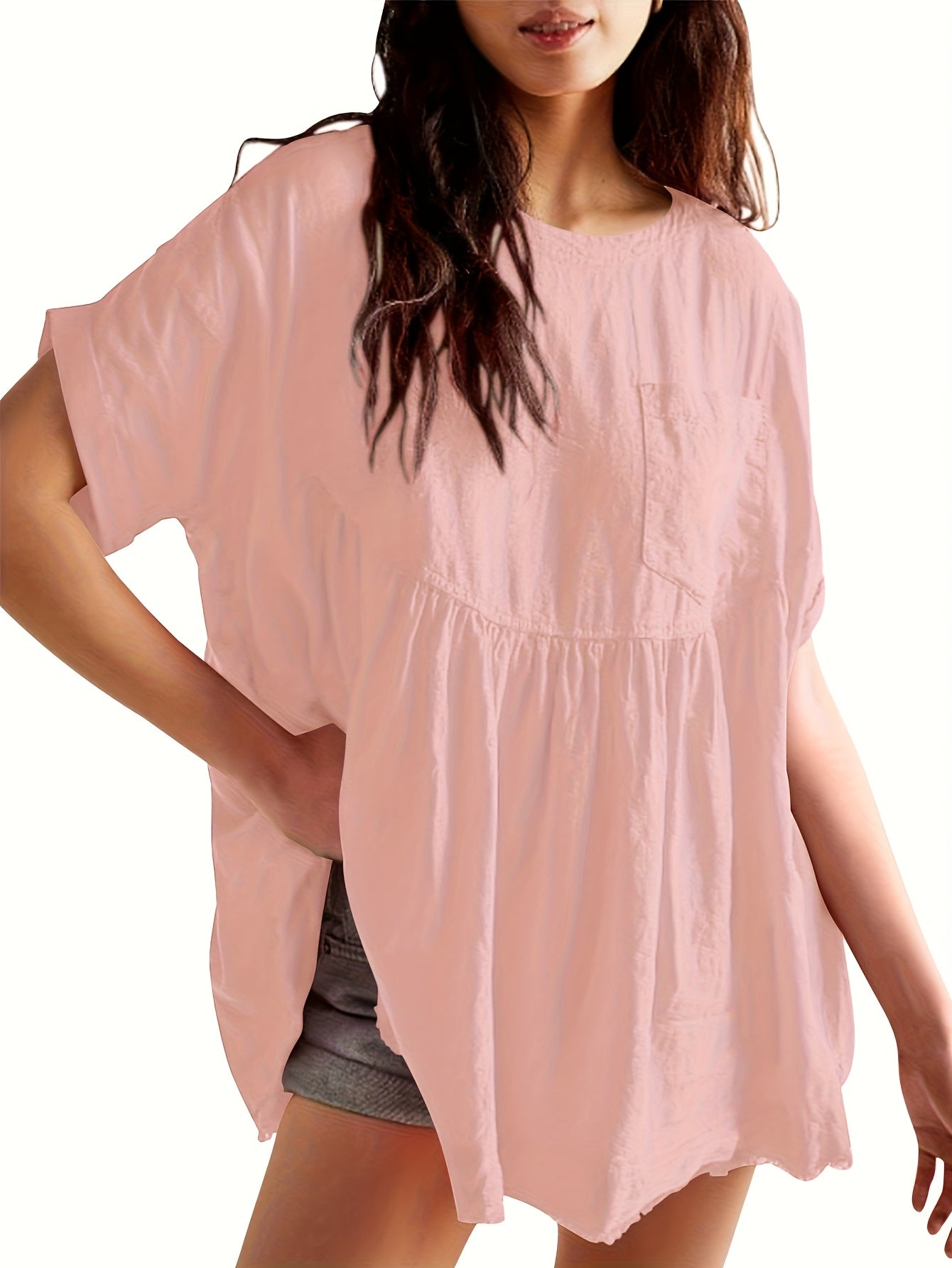 Women's Solid Color Tunic - Crew Neck Short Sleeve detail view