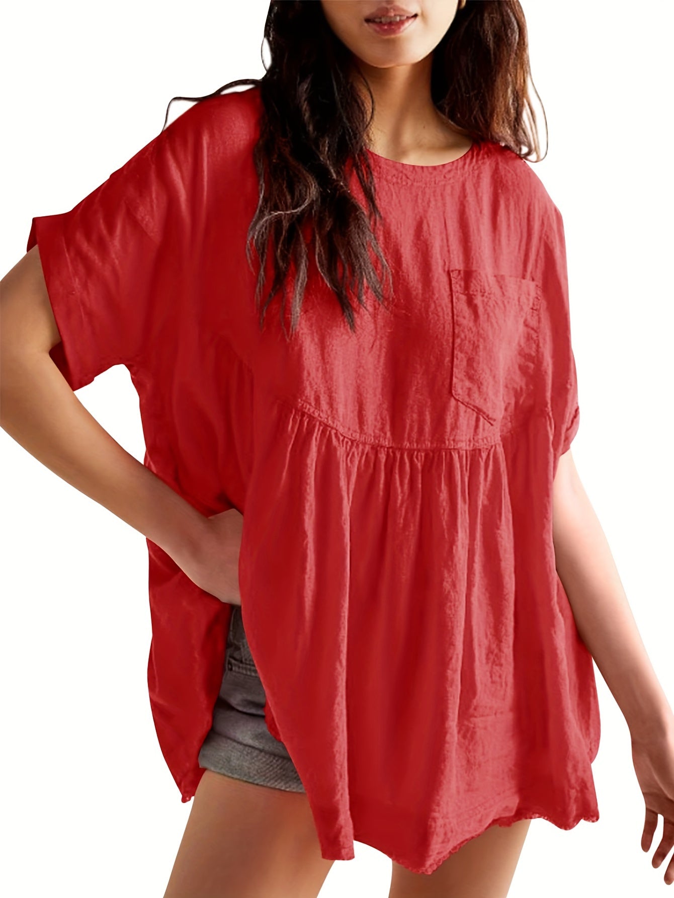 Women's Solid Color Tunic - Crew Neck Short Sleeve – Beige option – view 2